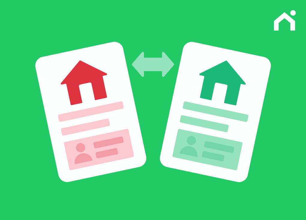 Two home loan documents with comparison arrows representing mortgage income documentation options