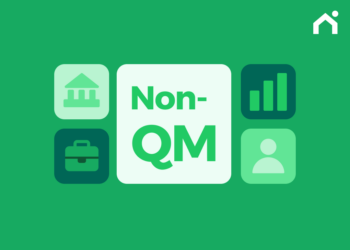 Non-QM mortgage illustration with banking, business, income, and borrower icons
