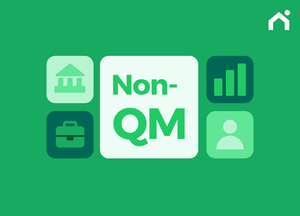 Non-QM mortgage illustration with banking, business, income, and borrower icons
