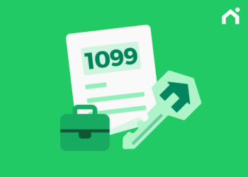 1099 income document, business briefcase, and house key for mortgage preparation