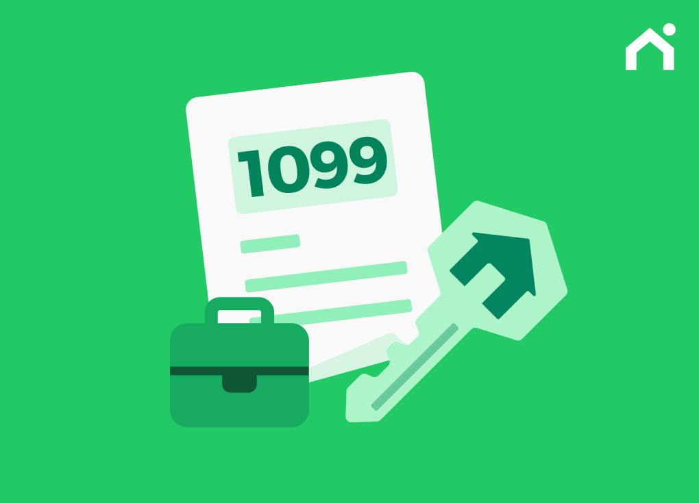 1099 income document, business briefcase, and house key for mortgage preparation