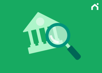 Bank building and magnifying glass representing bank statement mortgage requirements