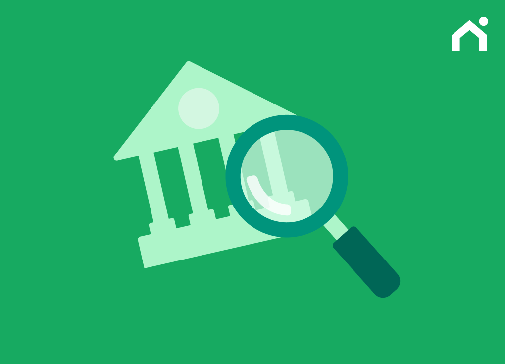 Bank building and magnifying glass representing bank statement mortgage requirements