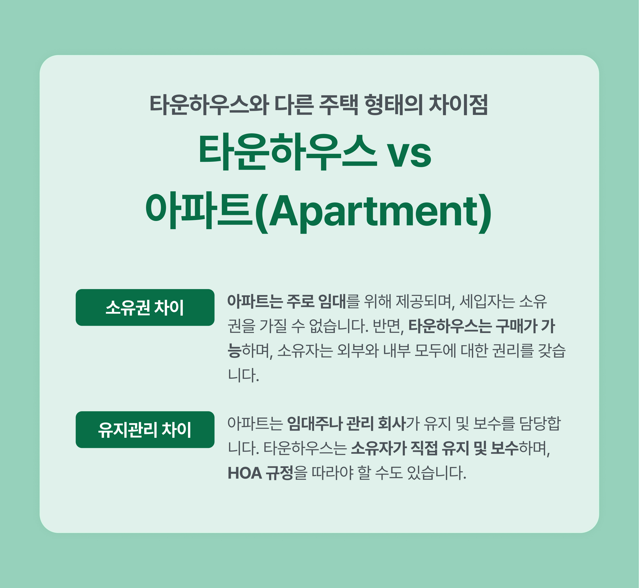 타운하우스 vs 아파트(Apartment)